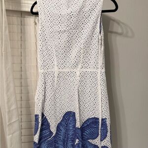 Vineyard Vines White Eyelet Midi Dress with Blue Leaf Border